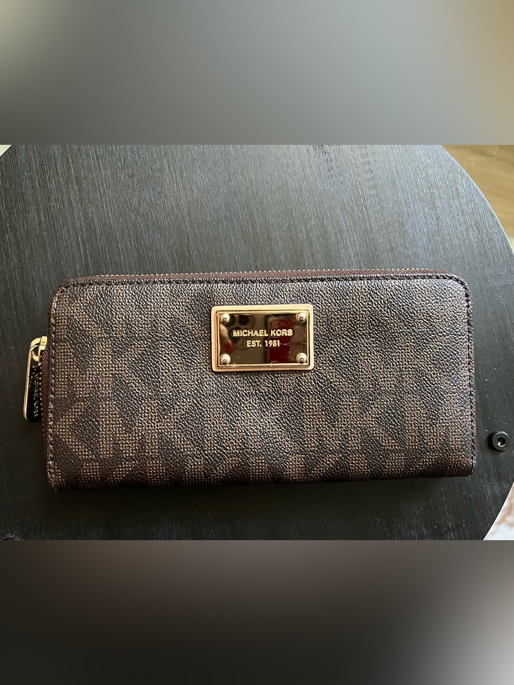Michael Kors Brown Monogram Wallet with Gold Plate